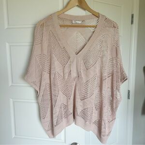 Trina Turk Crochet Open Knit Boxy Dolman Short Sleeve Soft Pink Sweater Size L